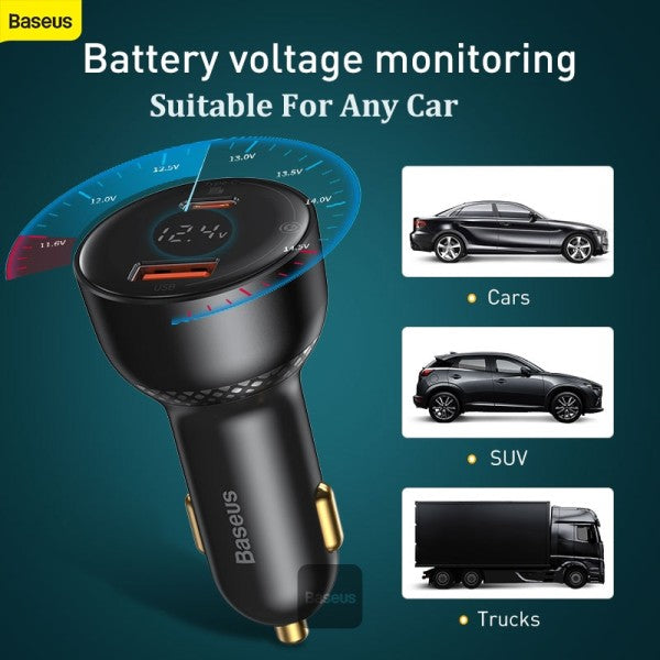 Baseus 100W Car Charger Dual Port USB Type C Quick Charger Digital PPS QC PD 30 Laptop Phone Charger For iPhone 13 12 Xiaomi with Cable