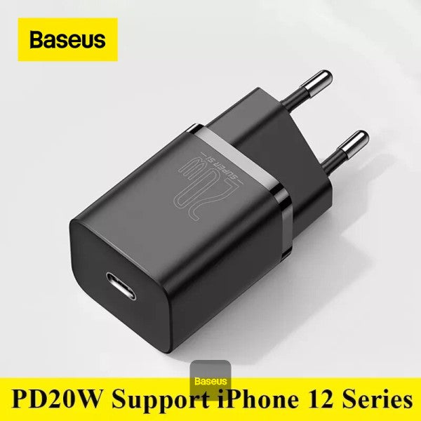Baseus 20W PD Mini Charger Super Si Quick Type-C Charger For iPhone12 11 Xs 8 Xiaomi SE PD30 QC30 Portable Travel Fast Charger with Cable EU Black