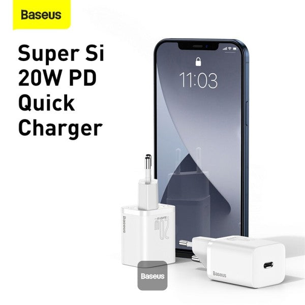 Baseus 20W PD Mini Charger Super Si Quick Type-C Charger For iPhone12 11 Xs 8 Xiaomi SE PD30 QC30 Portable Travel Fast Charger with Cable EU Black
