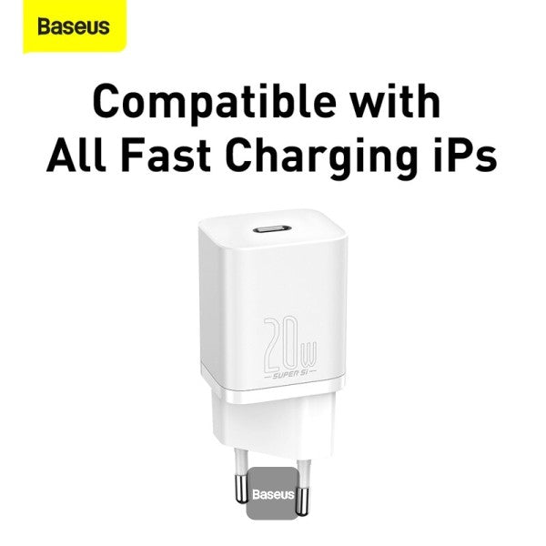 Baseus 20W PD Mini Charger Super Si Quick Type-C Charger For iPhone12 11 Xs 8 Xiaomi SE PD30 QC30 Portable Travel Fast Charger with Cable EU Black