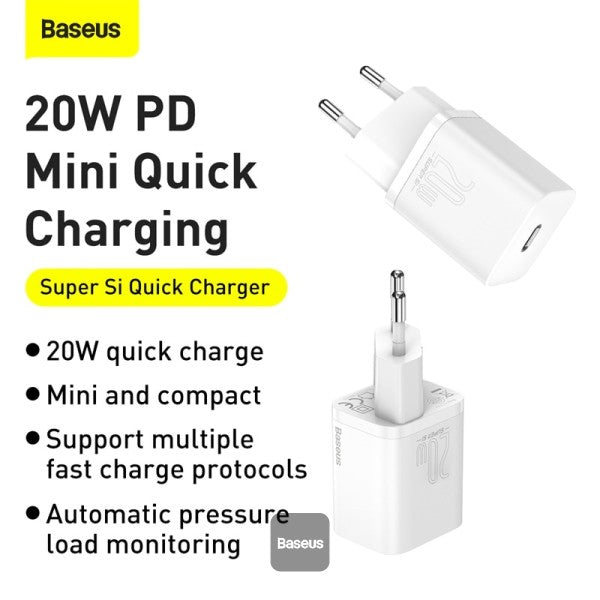 Baseus 20W PD Mini Charger Super Si Quick Type-C Charger For iPhone12 11 Xs 8 Xiaomi SE PD30 QC30 Portable Travel Fast Charger with Cable EU Black