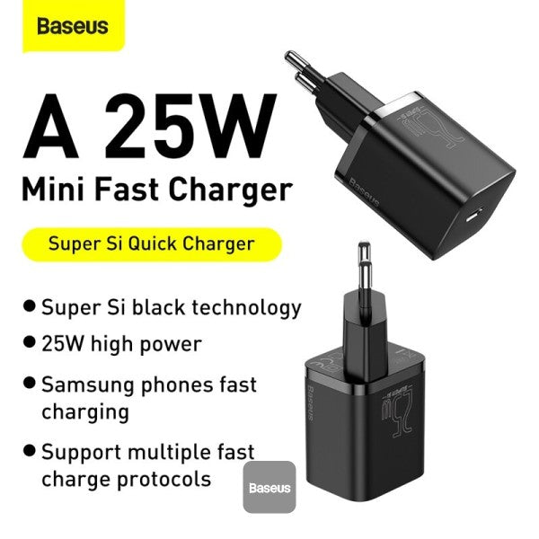 Baseus 25W USB C Charge PD Fast Charging Portable Phone Charger For Samsung S20 S21 Super Si USB C Charger Type C Fast Charger wit Cable Black