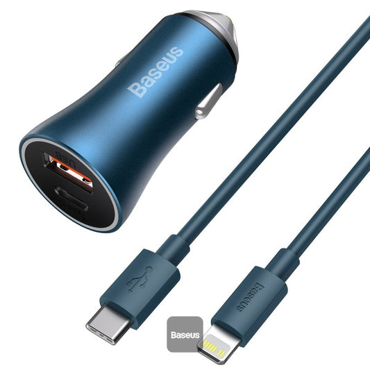 Baseus Golden Contactor Pro Dual Quick Charger Car Charger USB-A + Type-C 40W (With Baseus Simple Wisdom Data Cable Type-C to Lightning 1M) - Blue