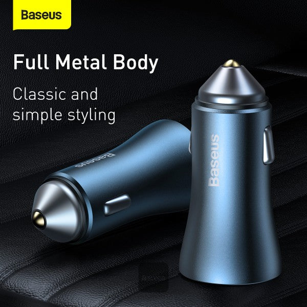 Baseus Golden Contactor Pro Dual Quick Charger Car Charger USB-A + Type-C 40W (With Baseus Simple Wisdom Data Cable Type-C to Lightning 1M) - Blue