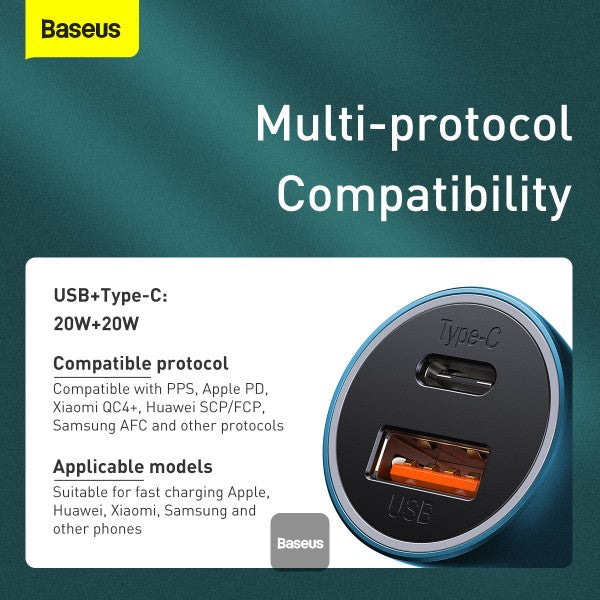 Baseus Golden Contactor Pro Dual Quick Charger Car Charger USB-A + Type-C 40W (With Baseus Simple Wisdom Data Cable Type-C to Lightning 1M) - Blue