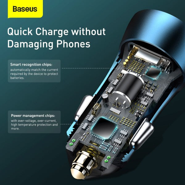 Baseus Golden Contactor Pro Dual Quick Charger Car Charger USB-A + Type-C 40W (With Baseus Simple Wisdom Data Cable Type-C to Lightning 1M) - Blue