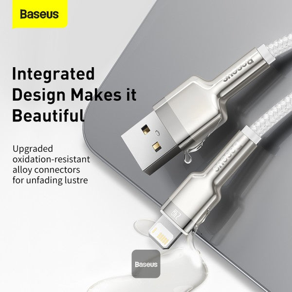 Baseus Cafule Series Metal USB to Lightning Cable - 24A Fast Charging 480Mbps Data Transfer Durable Nylon Braid 2M - White