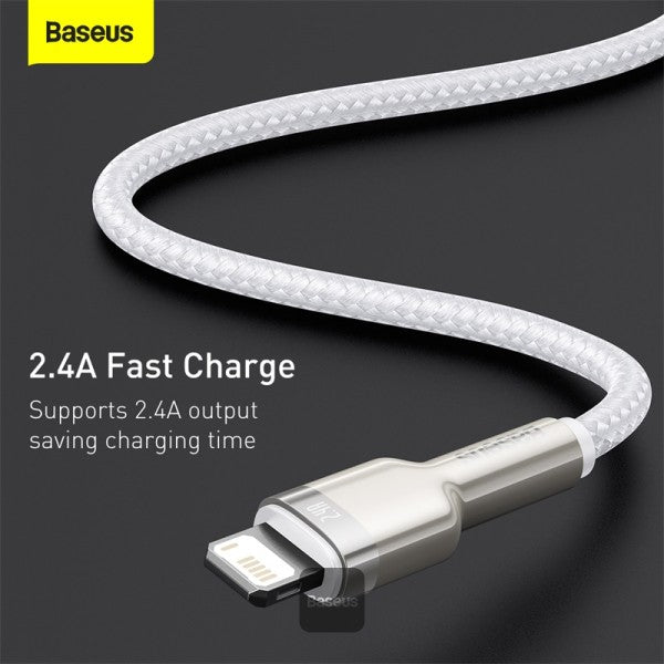 Baseus Cafule Series Metal USB to Lightning Cable - 24A Fast Charging 480Mbps Data Transfer Durable Nylon Braid 2M - White