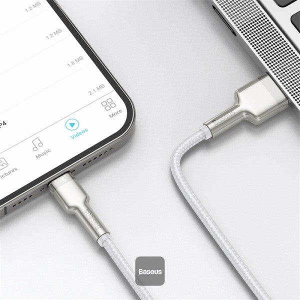 Baseus Cafule Series Metal USB to Lightning Cable - 24A Fast Charging 480Mbps Data Transfer Durable Nylon Braid 2M - White