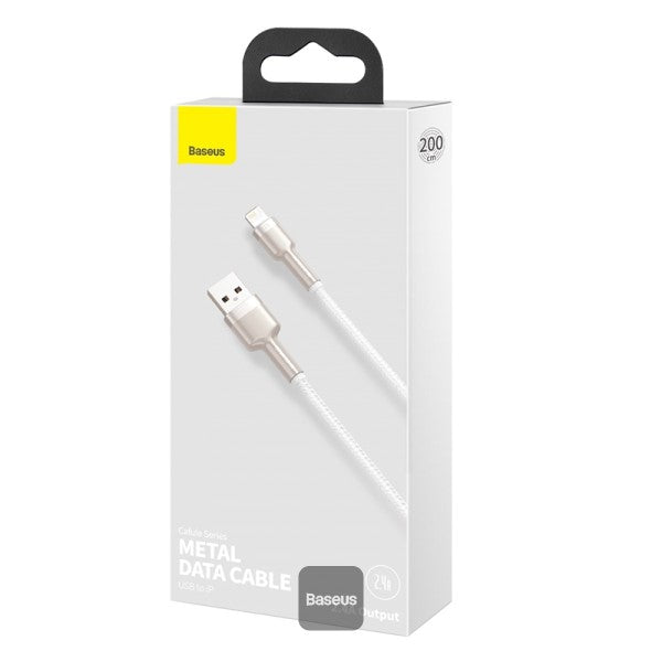 Baseus Cafule Series Metal USB to Lightning Cable - 24A Fast Charging 480Mbps Data Transfer Durable Nylon Braid 2M - White