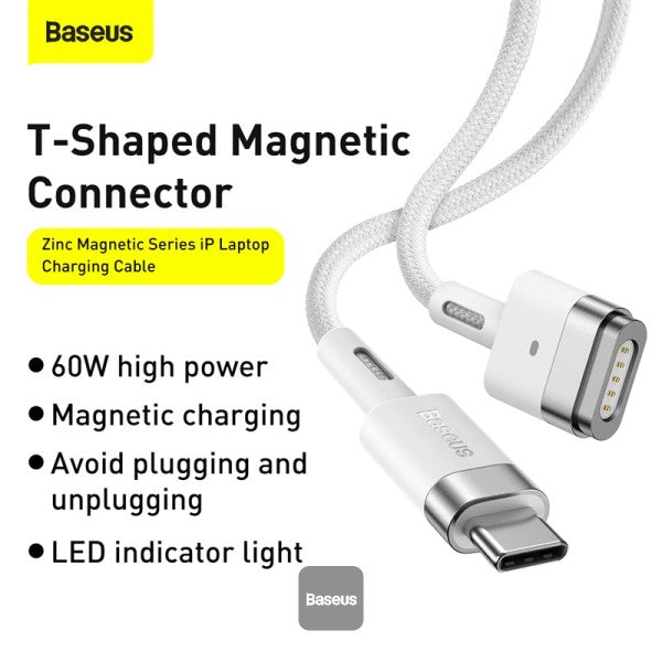 Baseus Zinc Magnetic Series iP Laptop Charging Cable Type-C to T-shaped Port 60W (2m) White