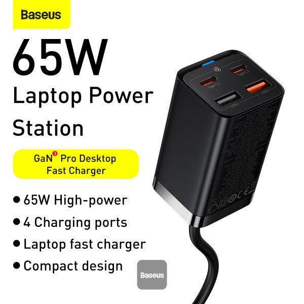 Baseus 65W GaN3 Pro USB Charger PD Fast Charger Adaptor Desktop - For iPhone 12 13 11 Xiaomi Tablets Mobile Phone