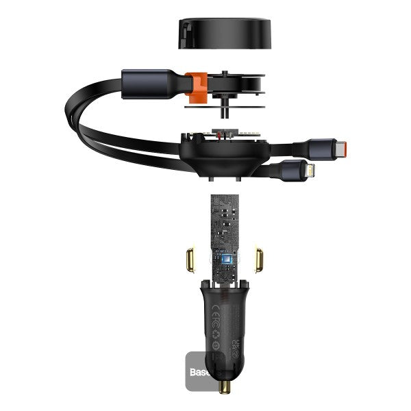 Baseus Enjoyment Retractable 2-in-1 Car Charger C+L 30W Black