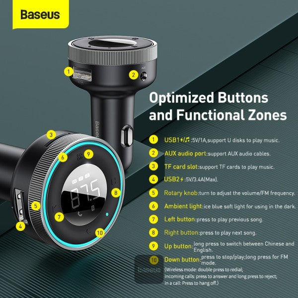 Baseus Enjoy Car Wireless MP3 Charger (Wireless 50+5V 34A) Black