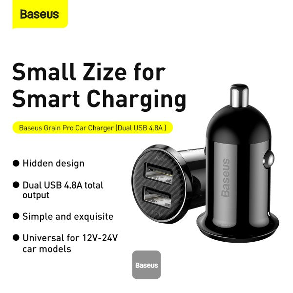 Baseus Grain Pro Car Charger (Dual USB 48A) – Universal Compatibility Charge 2 Devices Simultaneously Complete Protection - Black
