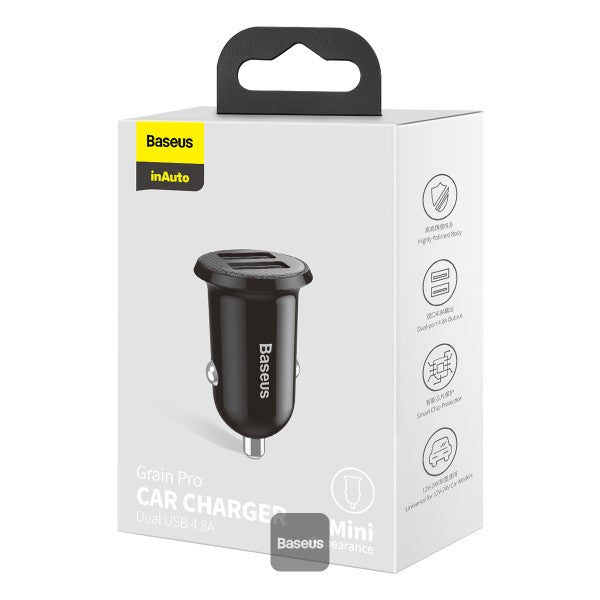 Baseus Grain Pro Car Charger (Dual USB 48A) – Universal Compatibility Charge 2 Devices Simultaneously Complete Protection - Black