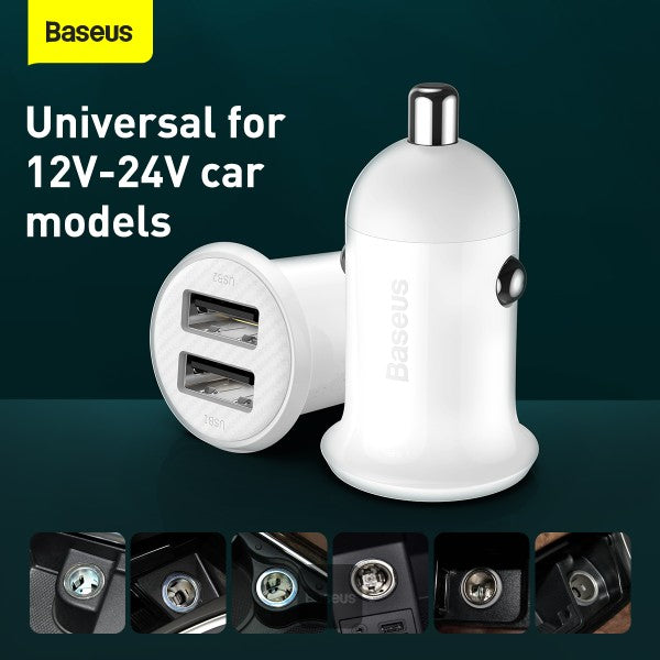 Baseus Grain Pro Car Charger (Dual USB 48A) – Universal Compatibility Charge 2 Devices Simultaneously Complete Protection - White