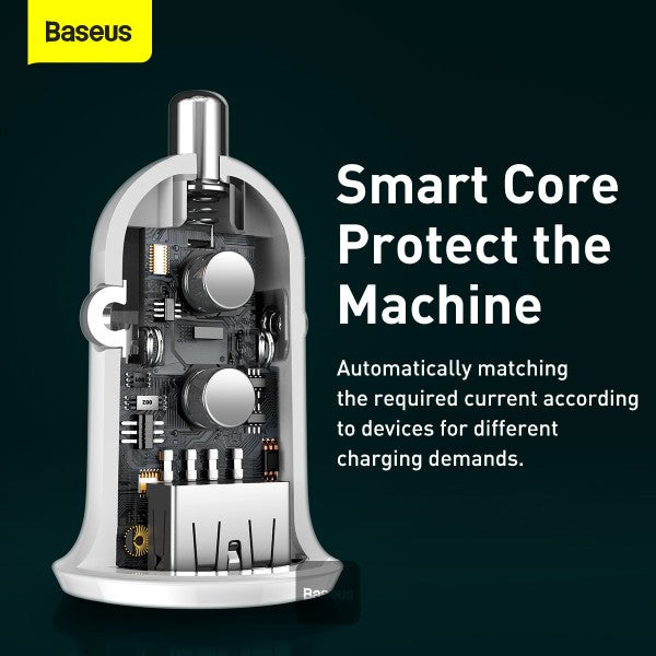 Baseus Grain Pro Car Charger (Dual USB 48A) – Universal Compatibility Charge 2 Devices Simultaneously Complete Protection - White
