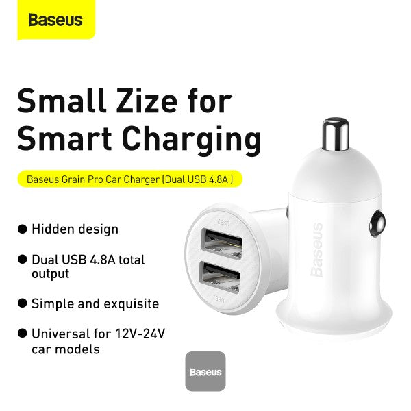 Baseus Grain Pro Car Charger (Dual USB 48A) – Universal Compatibility Charge 2 Devices Simultaneously Complete Protection - White