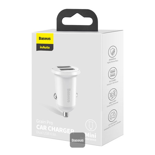 Baseus Grain Pro Car Charger (Dual USB 48A) – Universal Compatibility Charge 2 Devices Simultaneously Complete Protection - White