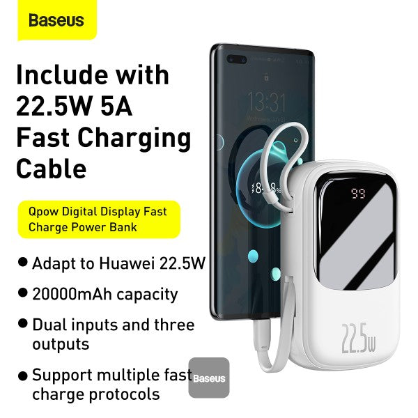 Baseus Qpow Digital Display quick charging power bank 20000mAh 225W With Type-C Cable White