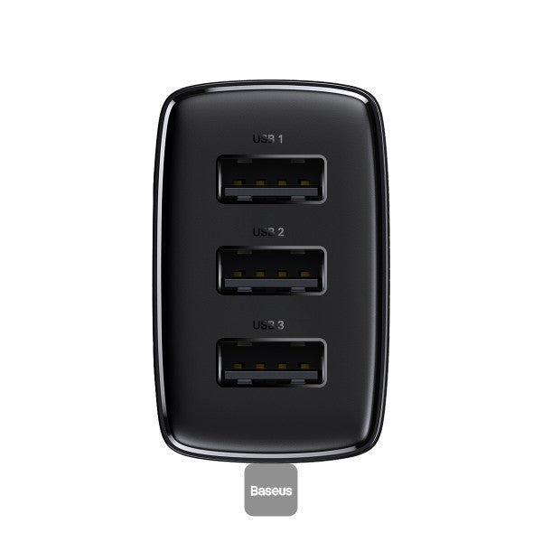 Baseus USB-A Wall Charger 3-Port 17W USB Charger Adapter EU Plug – Smart Safe and Compact Charging - Black