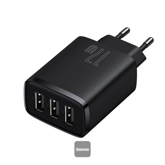 Baseus USB-A Wall Charger 3-Port 17W USB Charger Adapter EU Plug – Smart Safe and Compact Charging - Black