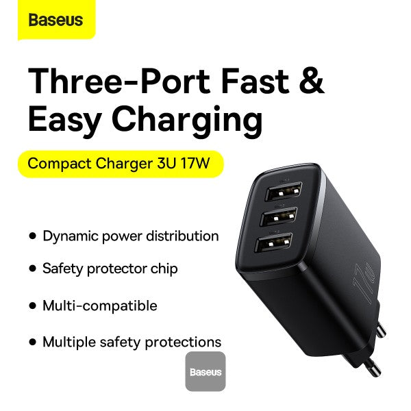 Baseus USB-A Wall Charger 3-Port 17W USB Charger Adapter EU Plug – Smart Safe and Compact Charging - Black