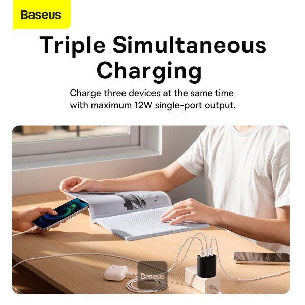 Baseus USB-A Wall Charger 3-Port 17W USB Charger Adapter EU Plug – Smart Safe and Compact Charging - Black
