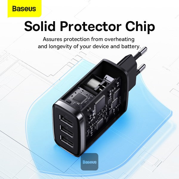 Baseus USB-A Wall Charger 3-Port 17W USB Charger Adapter EU Plug – Smart Safe and Compact Charging - Black