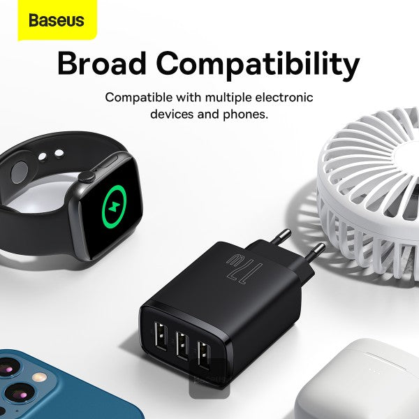 Baseus USB-A Wall Charger 3-Port 17W USB Charger Adapter EU Plug – Smart Safe and Compact Charging - Black
