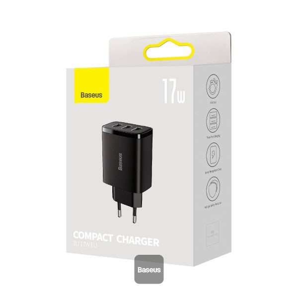 Baseus USB-A Wall Charger 3-Port 17W USB Charger Adapter EU Plug – Smart Safe and Compact Charging - Black