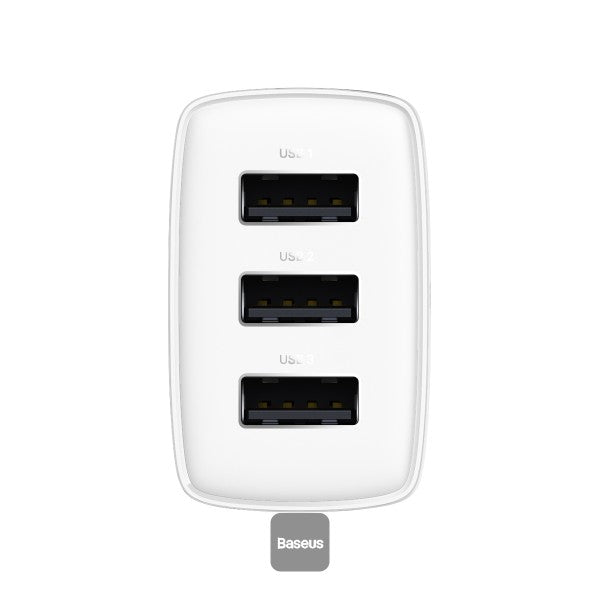 Baseus USB-A Wall Charger 3-Port 17W USB Charger Adapter EU Plug – Smart Safe and Compact Charging - White