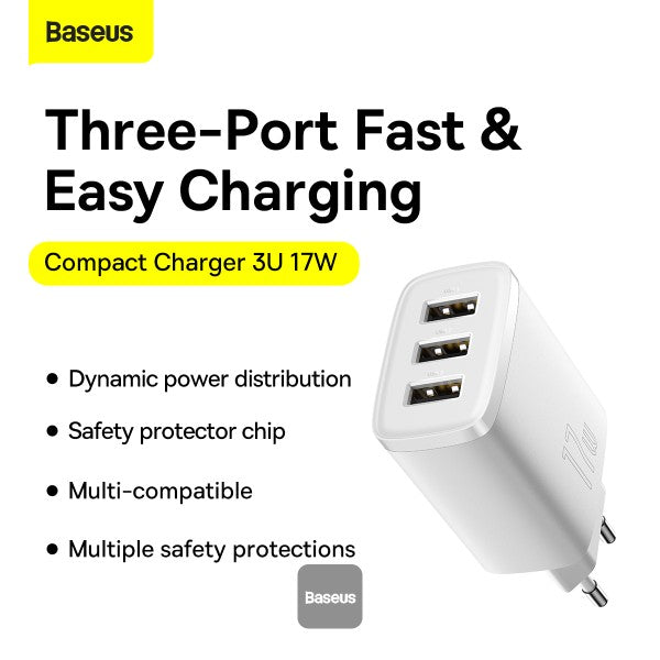 Baseus USB-A Wall Charger 3-Port 17W USB Charger Adapter EU Plug – Smart Safe and Compact Charging - White
