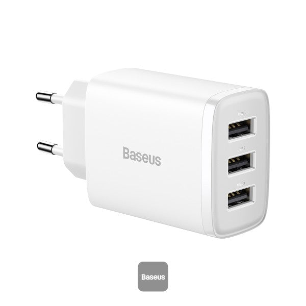 Baseus USB-A Wall Charger 3-Port 17W USB Charger Adapter EU Plug – Smart Safe and Compact Charging - White