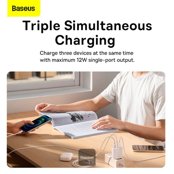 Baseus USB-A Wall Charger 3-Port 17W USB Charger Adapter EU Plug – Smart Safe and Compact Charging - White