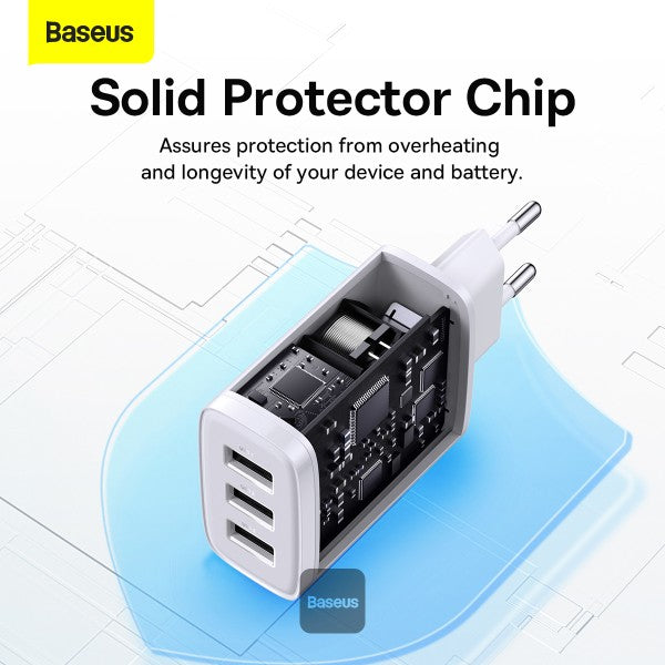 Baseus USB-A Wall Charger 3-Port 17W USB Charger Adapter EU Plug – Smart Safe and Compact Charging - White