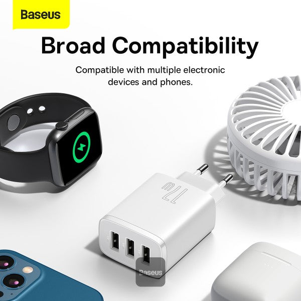 Baseus USB-A Wall Charger 3-Port 17W USB Charger Adapter EU Plug – Smart Safe and Compact Charging - White