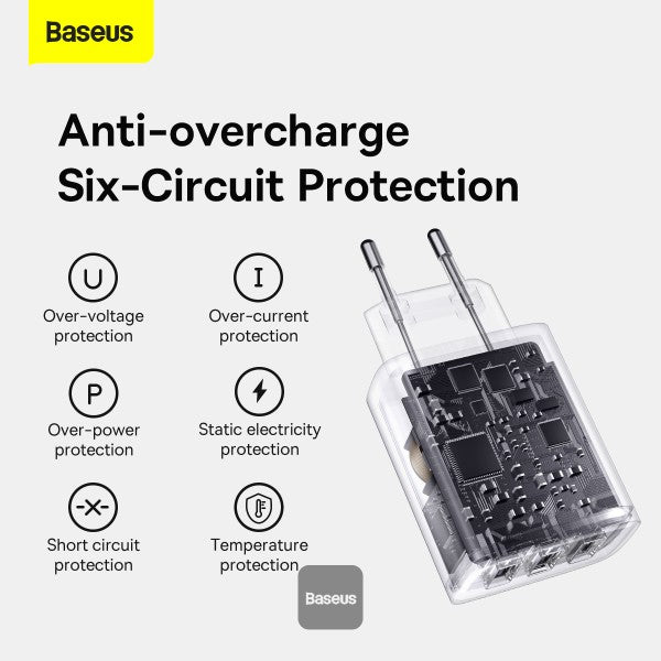 Baseus USB-A Wall Charger 3-Port 17W USB Charger Adapter EU Plug – Smart Safe and Compact Charging - White