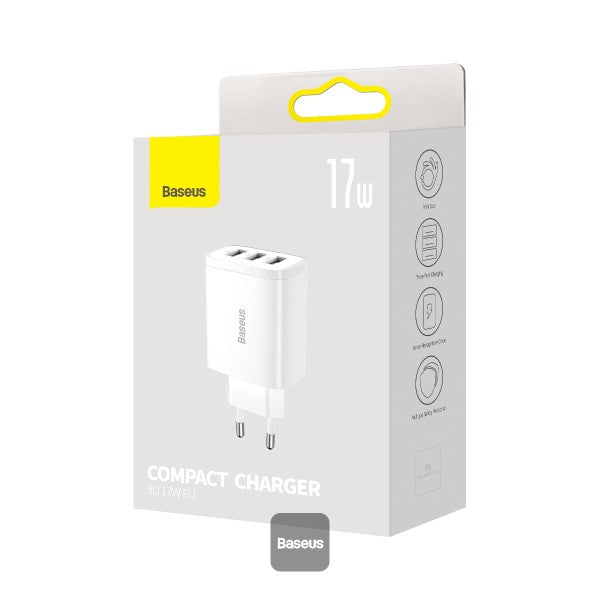 Baseus USB-A Wall Charger 3-Port 17W USB Charger Adapter EU Plug – Smart Safe and Compact Charging - White