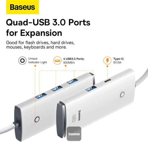 Baseus Lite Series 4-Port Type-C Hub Adapter (USB-A to USB304) White