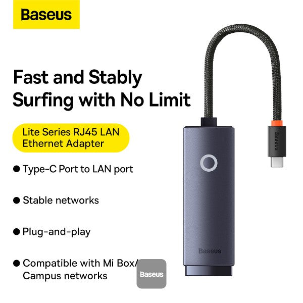 Baseus Lite Series RJ45 Lan Port Ethernet Adapter  Type-C to RJ45 LAN Port 1000Mbps Hub - Grey