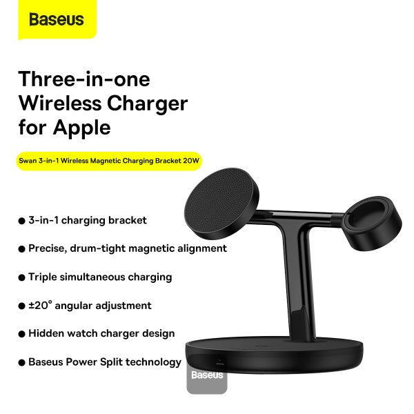Baseus Swan 3-in-1 Wireless Magnetic Charging Bracket 20W Black Universal version (Include: USB For type-C 3A 1m)