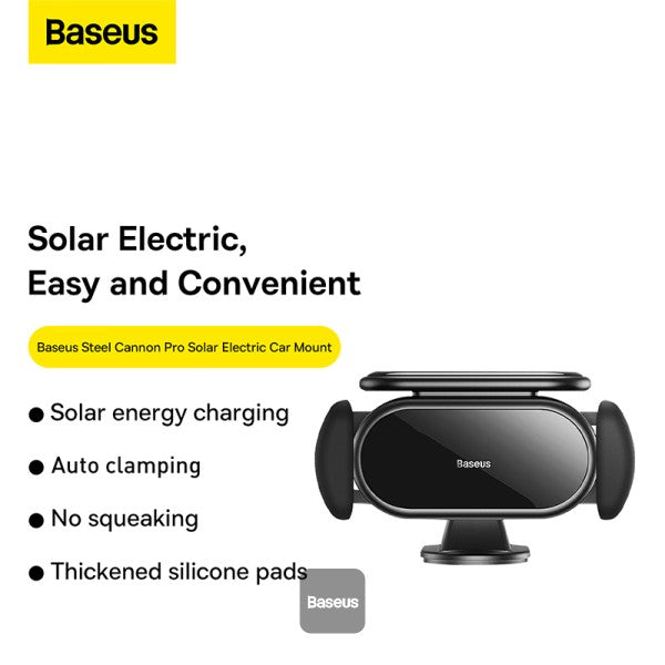 Baseus Steel Cannon Pro Solar Electric Car Mount - Electric Auto-Clamping - Solar Battery Charging - 360 Adjustable