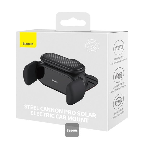 Baseus Steel Cannon Pro Solar Electric Car Mount - Electric Auto-Clamping - Solar Battery Charging - 360 Adjustable