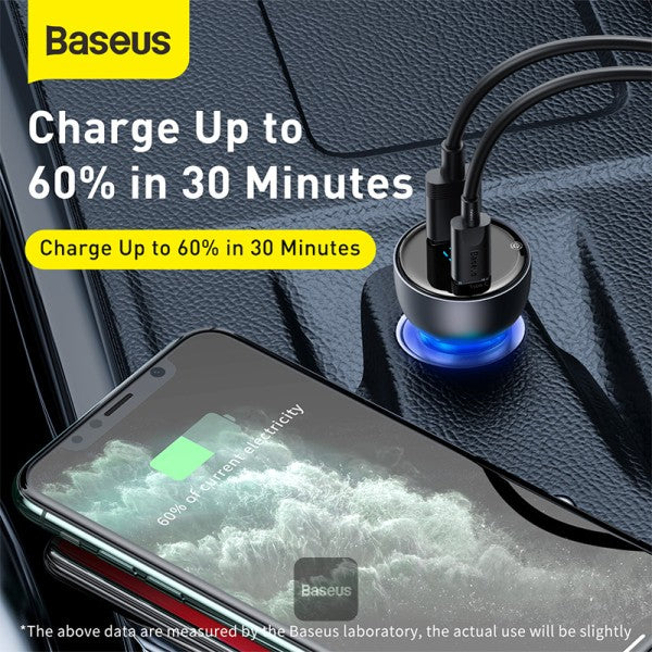 Baseus 65W Car Charger Dual USB Type C Quick Charge 40 30 USB Car Charger for Samsung Huawei SCP QC40 QC30 PD Fast Charging Charger For iPhone