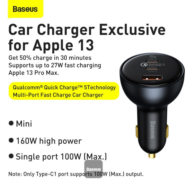 Baseus 160W Car Charger Quick Charge QC 50 40 30 PD Charger For Macbook iPad Pro Laptop USB Type C Charger For iPhone Xiaomi