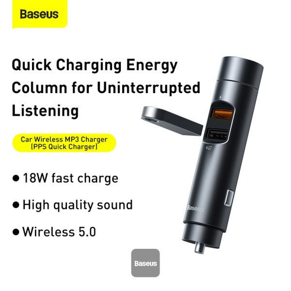 Baseus Bluetooth 50 FM Transmitter and Car Charger 3A 18W PPS Quick Charge 30 Dark Grey
