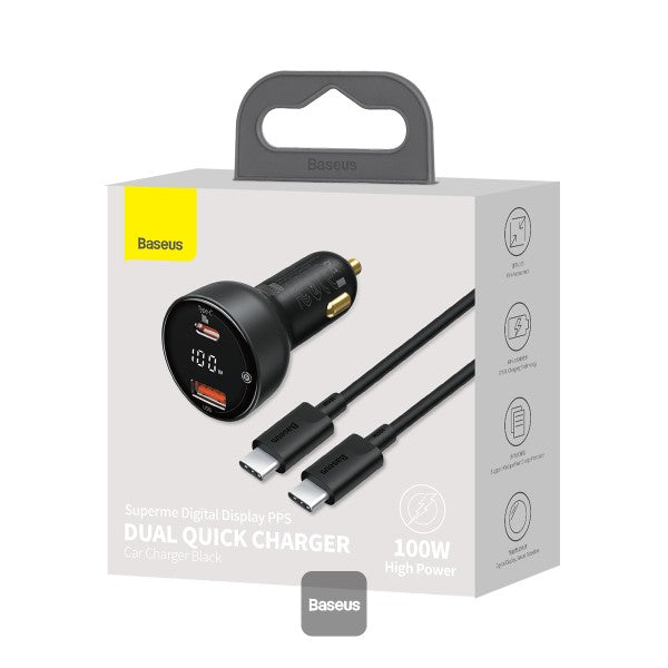 Baseus 100W Car Charger Dual Port USB Type C Quick Charger Digital PPS QC PD 30 Laptop Phone Charger For iPhone 13 12 Xiaomi with Cable