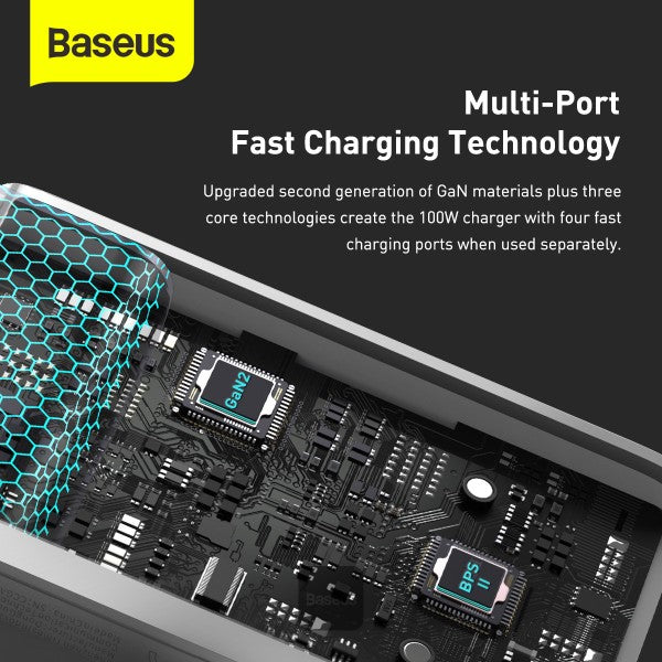 Baseus GaN2 Pro 100W 2 x USB + 2 x Type-C Ports Quick Charger with Type-C Cable EU Plug - white